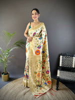 Thumbnail for Joban Fashion Off-White  Zari Woven Floral Motifs Soft Silk Paithani Silk Saree - Distacart
