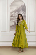 Thumbnail for The52 Light Green Women's Beautiful Vichitra Silk Fabric Embroidered Work Flared Anarkali Pant and Dupatta Set - Distacart