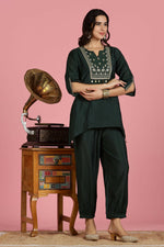 Thumbnail for BulBul Women’s Dark Green Embroidered Chanderi Kurta Set
