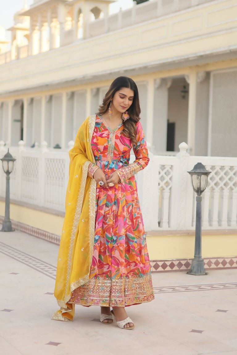 Jyoti Fashion Women's Pink Russian Silk Sequins Zari Embroideredy Anarkali Dress with Dupatta - Distacart