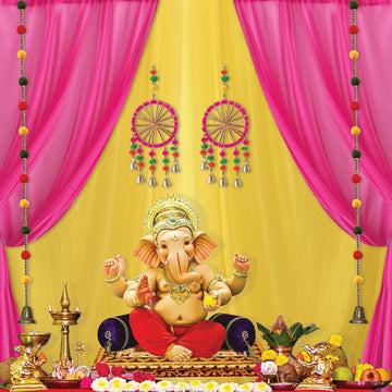Party Propz Ganpati Backdrop Decoration Set – 12 Pcs Pink & Yellow Satin Pooja Cloth - Dista