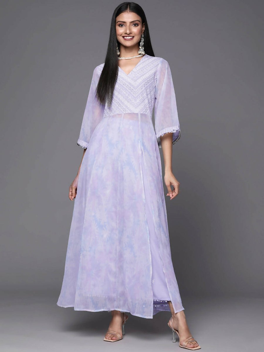Ahalyaa Lavender & White Floral Printed High Slit Sequined Kurta with Palazzos - Distacart