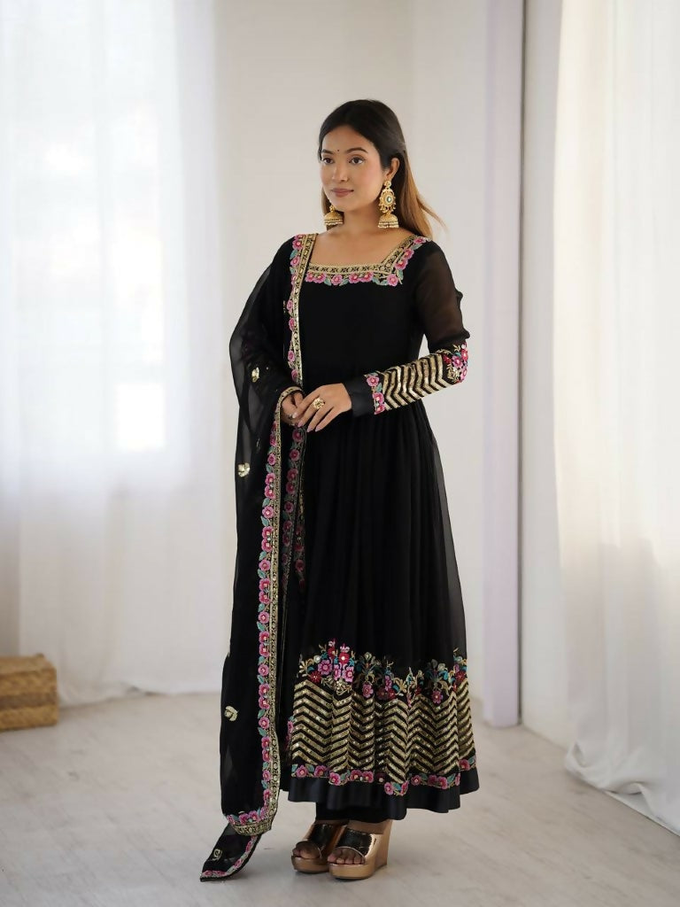 Teeya Creation Black Color Heavy Georgette Wedding Wear Embroidery Work Long Gown - Distacart