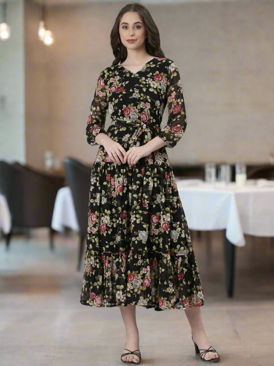 Souchii Black Floral Chiffon Dress