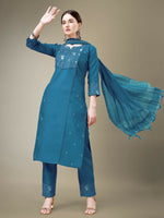 Thumbnail for Jyoti Fashion Women's Morpich Cotton Blend Embroidery & Fancy Lace work Kurta with Trouser & Dupatta - Distacart