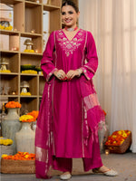 Thumbnail for The52 Women's Beautiful Viscose Silk Fabric Embroidery Work A-Line Kurta Pant and Dupatta Set - Distacart