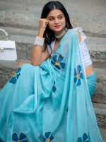 Thumbnail for Prime Volt Women's Sky Blue Floral Digital Print Soft Linen Saree With Blouse - Distacart