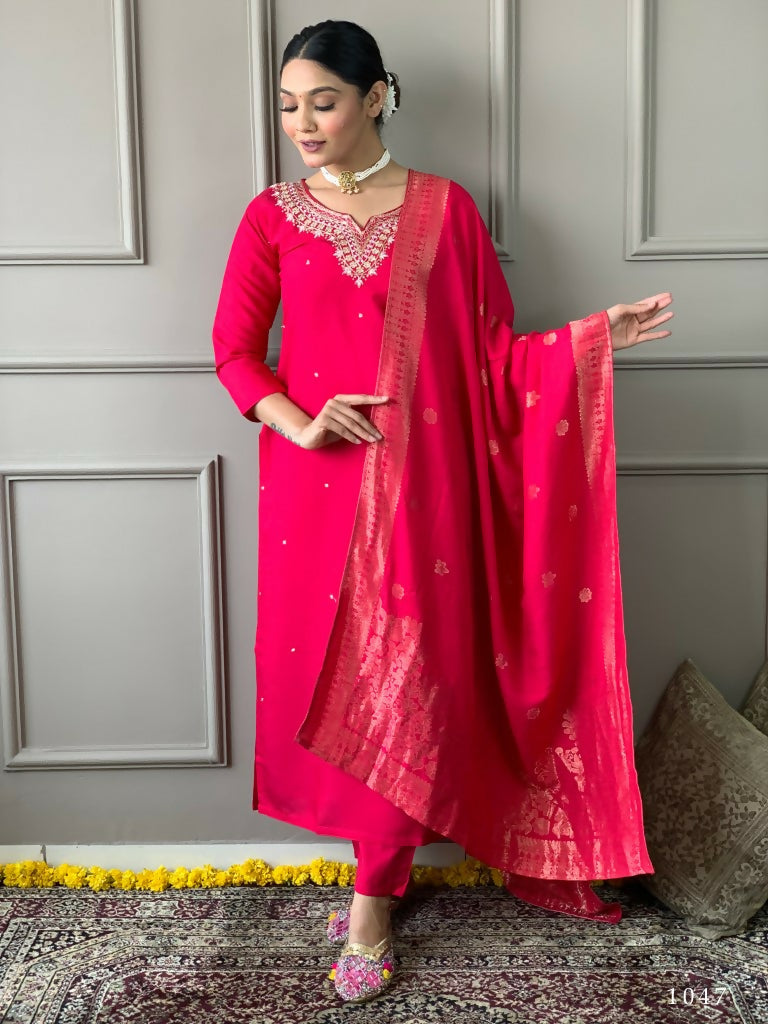 Partywear Designer Viscos Chanderi Red Stitched Suit With Dupatta - Tanisha - Distacart