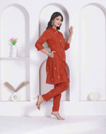 Thumbnail for Miravan Womens Rust Color Abstract Printed Cotton Kurta With Palazzo - Dista