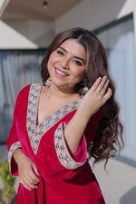 Thumbnail for Joban Fashion Pink Kurta Set Velvet Sequins , Zari, Coding & Thread Embroidered work - Distacart