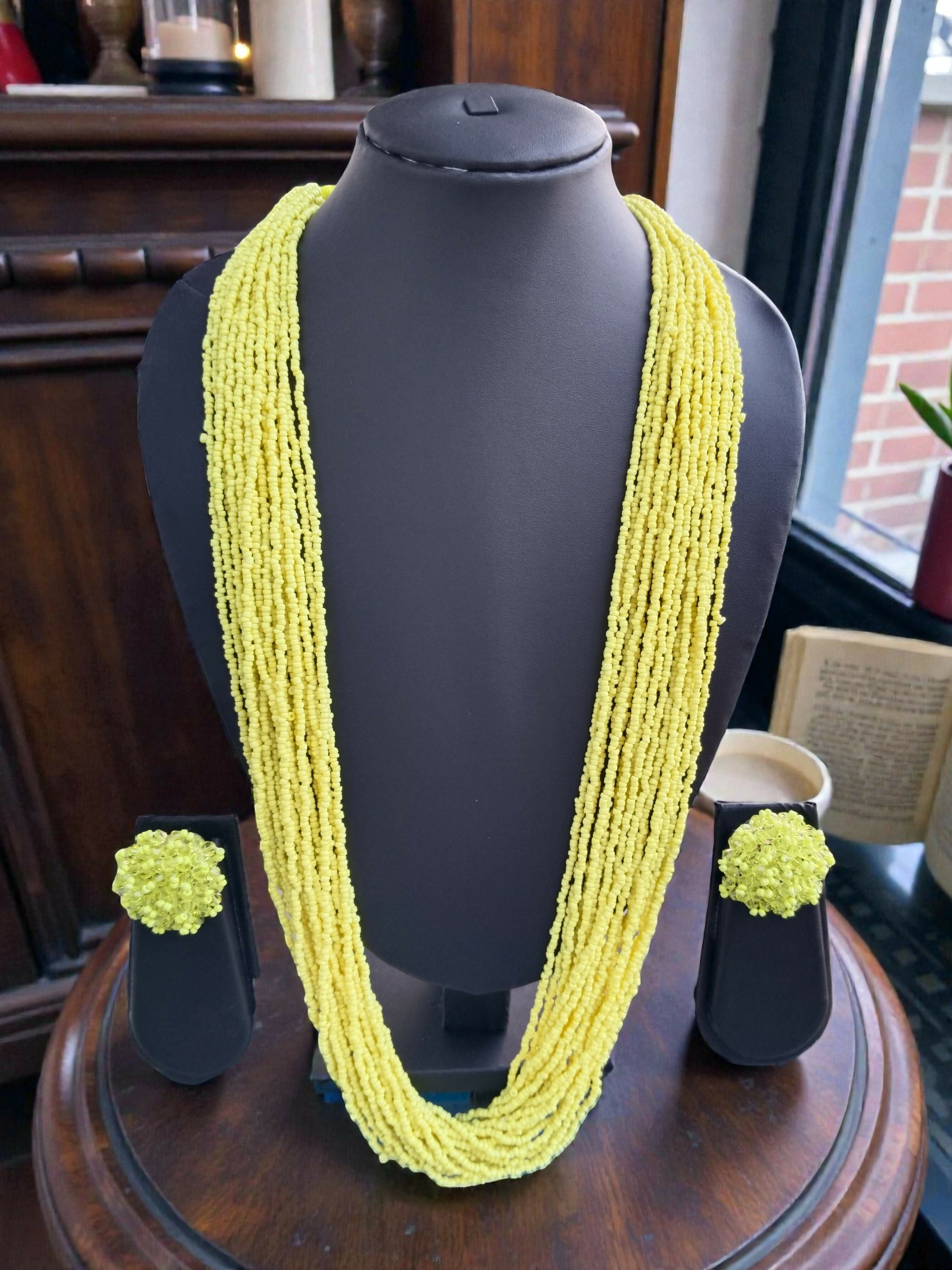 Inhanns Rangsaaz 20-Layer Luxe Long Beaded Necklace (With Optional Statement Earrings) - Lemon Yellow With Earring - Distacart