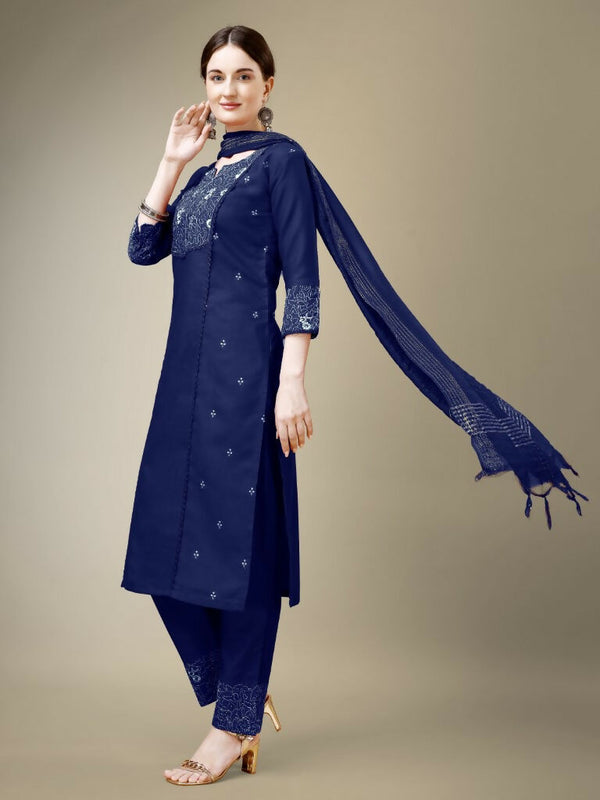 Jyoti Fashion Women's Navy Blue Cotton Blend Embroidery & Fancy Lace work Kurta with Trouser & Dupatta - Distacart
