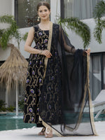 Thumbnail for The52 Black Women's Gorgeous Printed Muslin Fabric Flared Kurta Pant and Dupatta Set - Distacart