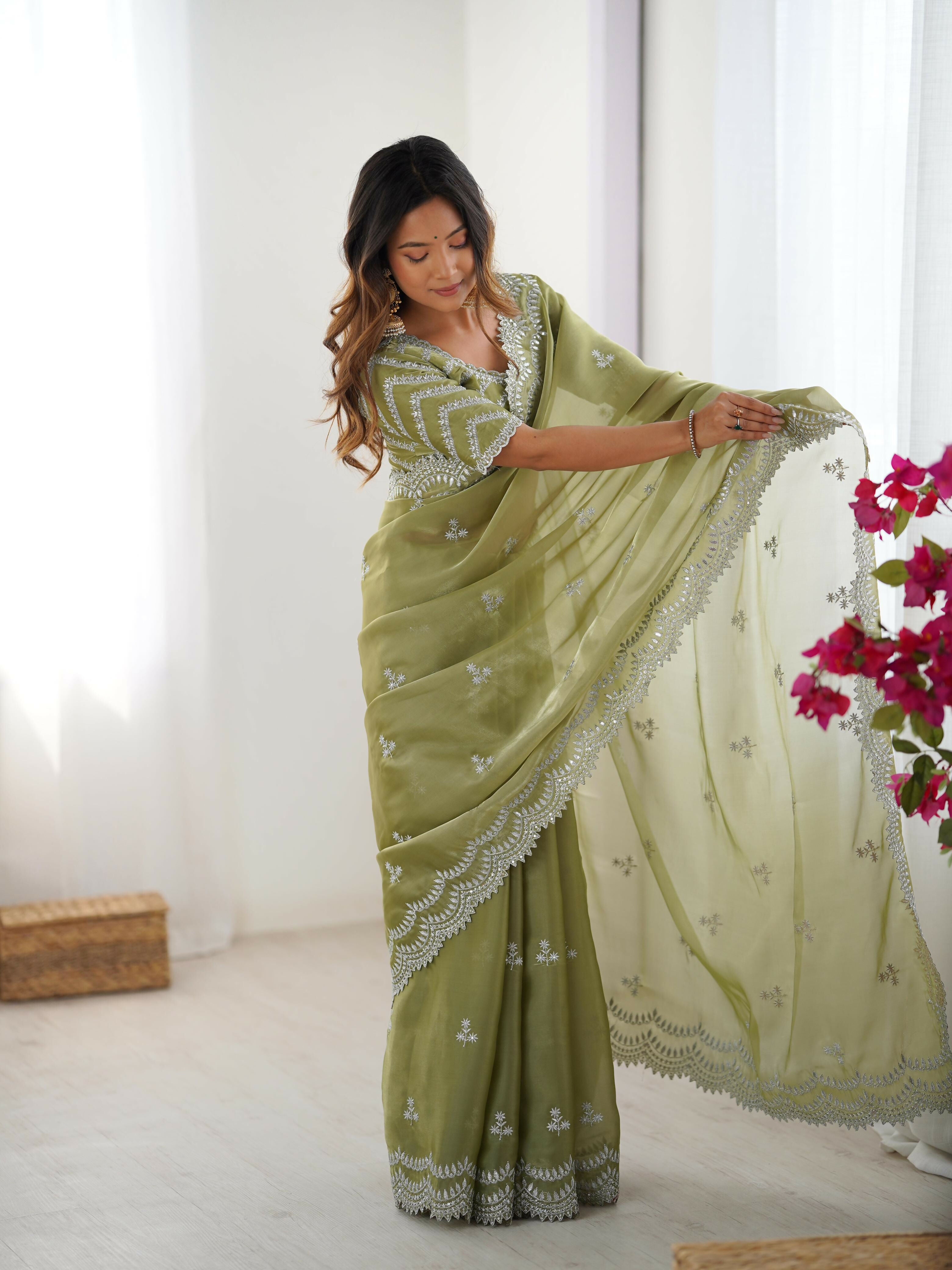 Joban Fashion Light Green Jimmy Choo Saree With Thread with Sequins work
