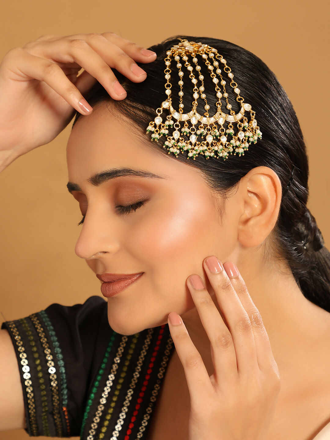 Nuyug 22K Gold-Plated Kundan Studded Jhumar Paasa Statement Head Jewellery