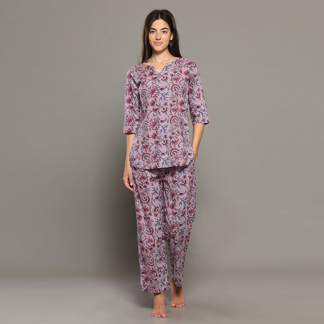 Breathables Women Cotton Printed Loungewear Kurta And Pants Co-Ord Set Pink I Night Wear | Floral Print - Dista
