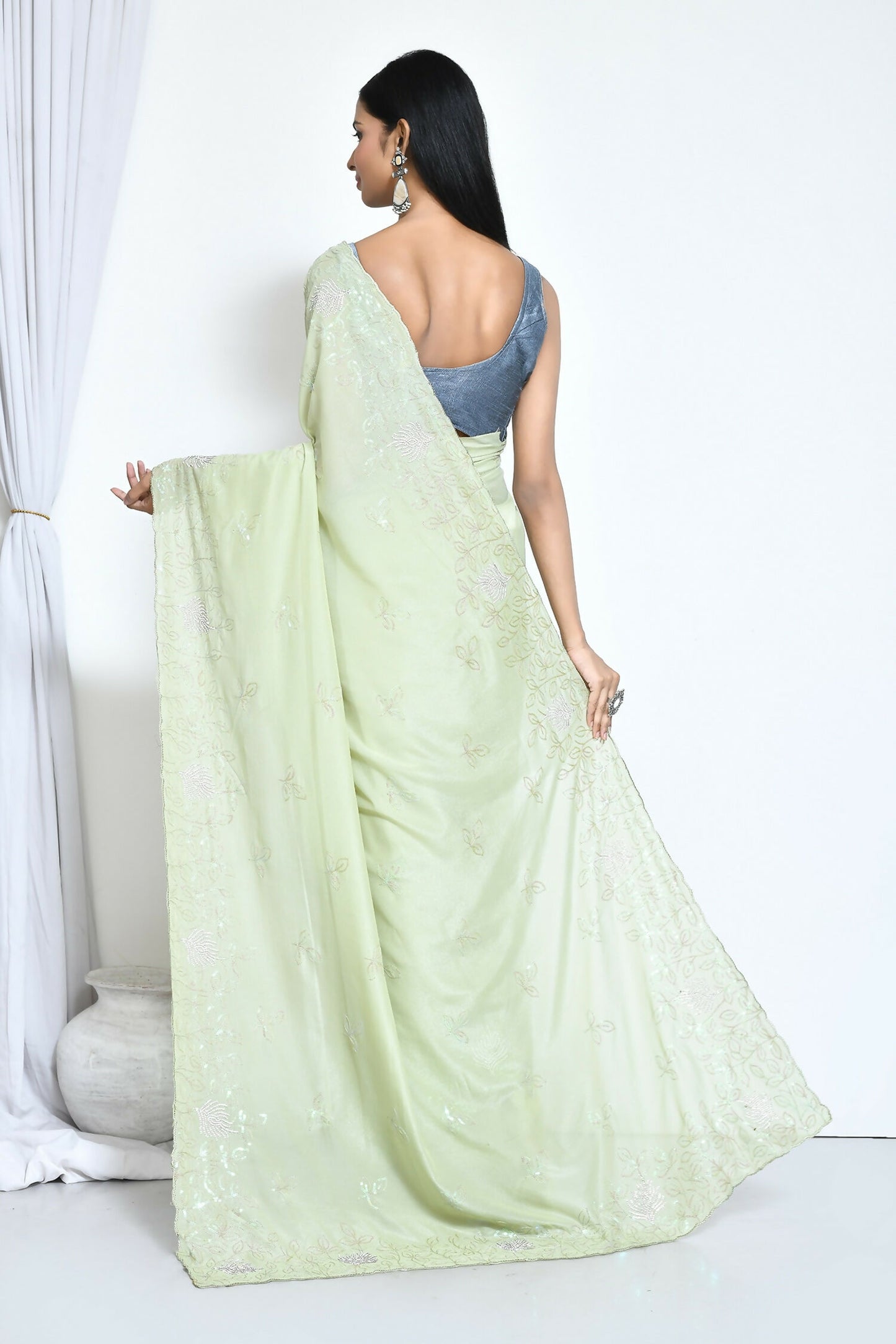 Green Crepe Silk Sequence Embroidered with Stone work Saree - Nimaya Benzy - Distacart