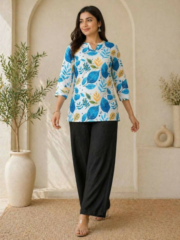 Teeya Creation New Latest Women White Blue Leaf Printed Cotton Kurti with Black Palazzo Set - Dista