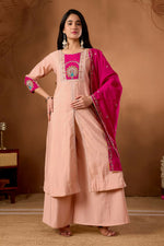 Thumbnail for Lehenga Mart Designer Front-Slit Kurta, Paired With Wide-Leg Palazzo Pants And A Dupatta.-Peach - Distacart