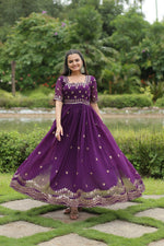 Thumbnail for Joban Fashion Purple Georgette Sequence Embroidery Work Gown
