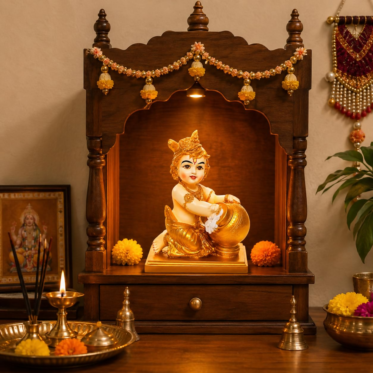 Bal Krishna Idol with Butter Pot - Gold - Dista