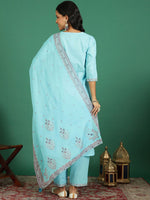 Thumbnail for Sangria Embroidered Cotton Kurta With Trousers & Dupatta - Distacart