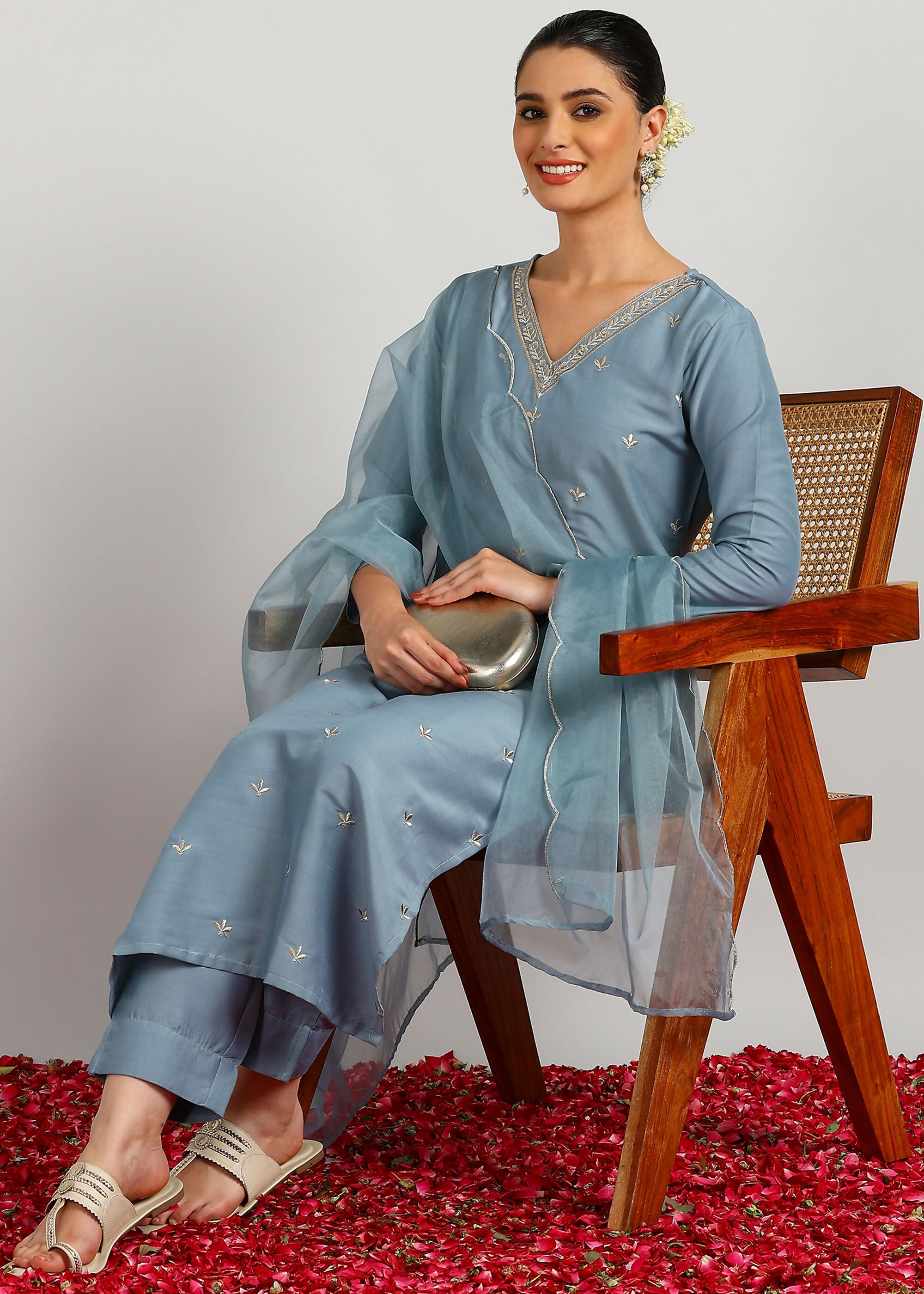 Aavyora Women's Sky Grey Embroidered Kurta Set with Dupatta