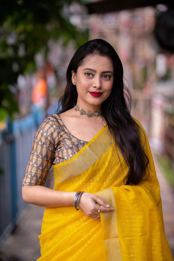 Mustard Linen Sequence Saree with Unstitched Blouse - Hiral Fashion - Distacart