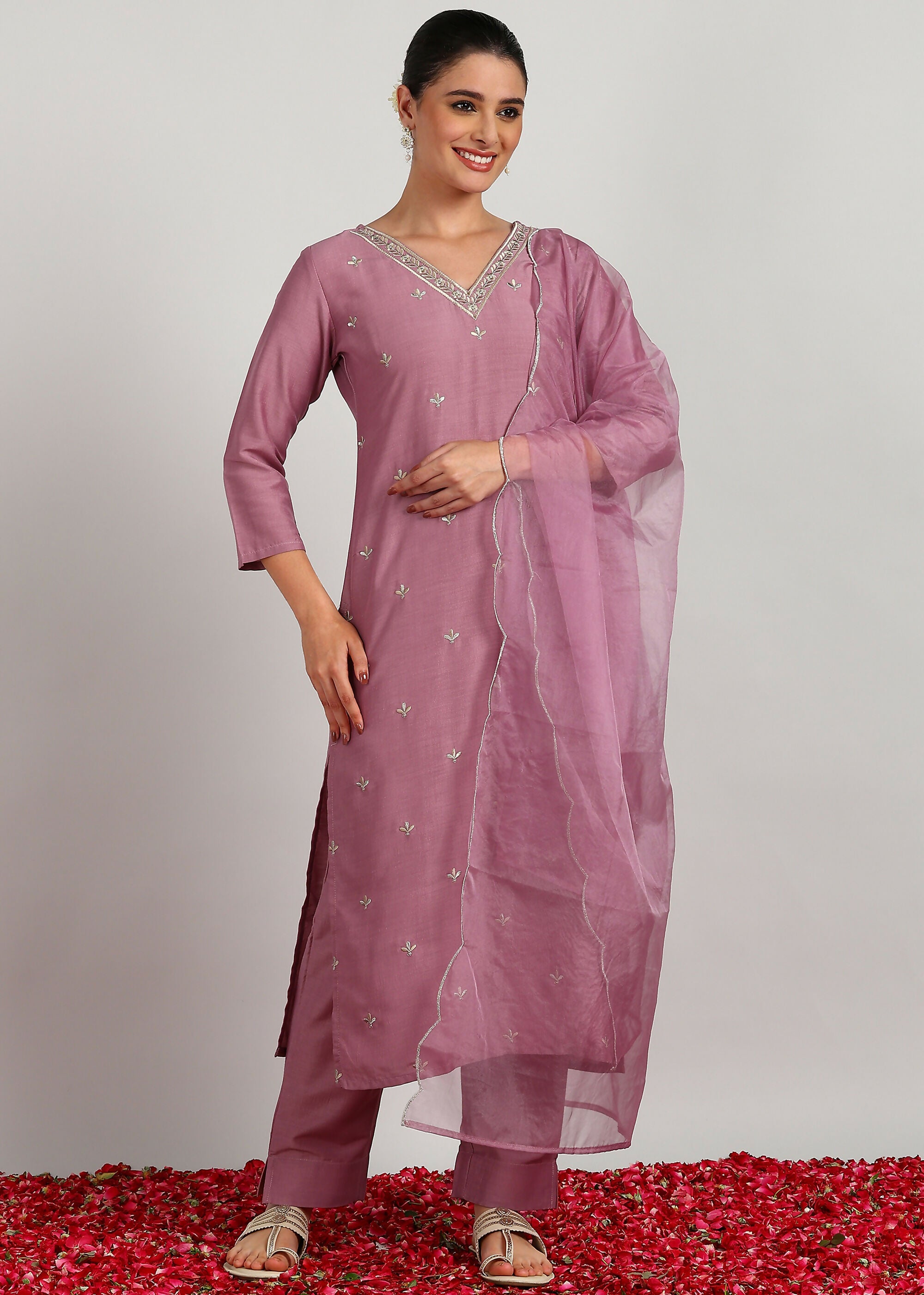 Aavyora Women’s Lavender Embroidered Kurta Set with Dupatta