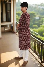 Thumbnail for Souchii Men Burgundy Pure Cotton Ethnic Motif Printed Straight Kurta
