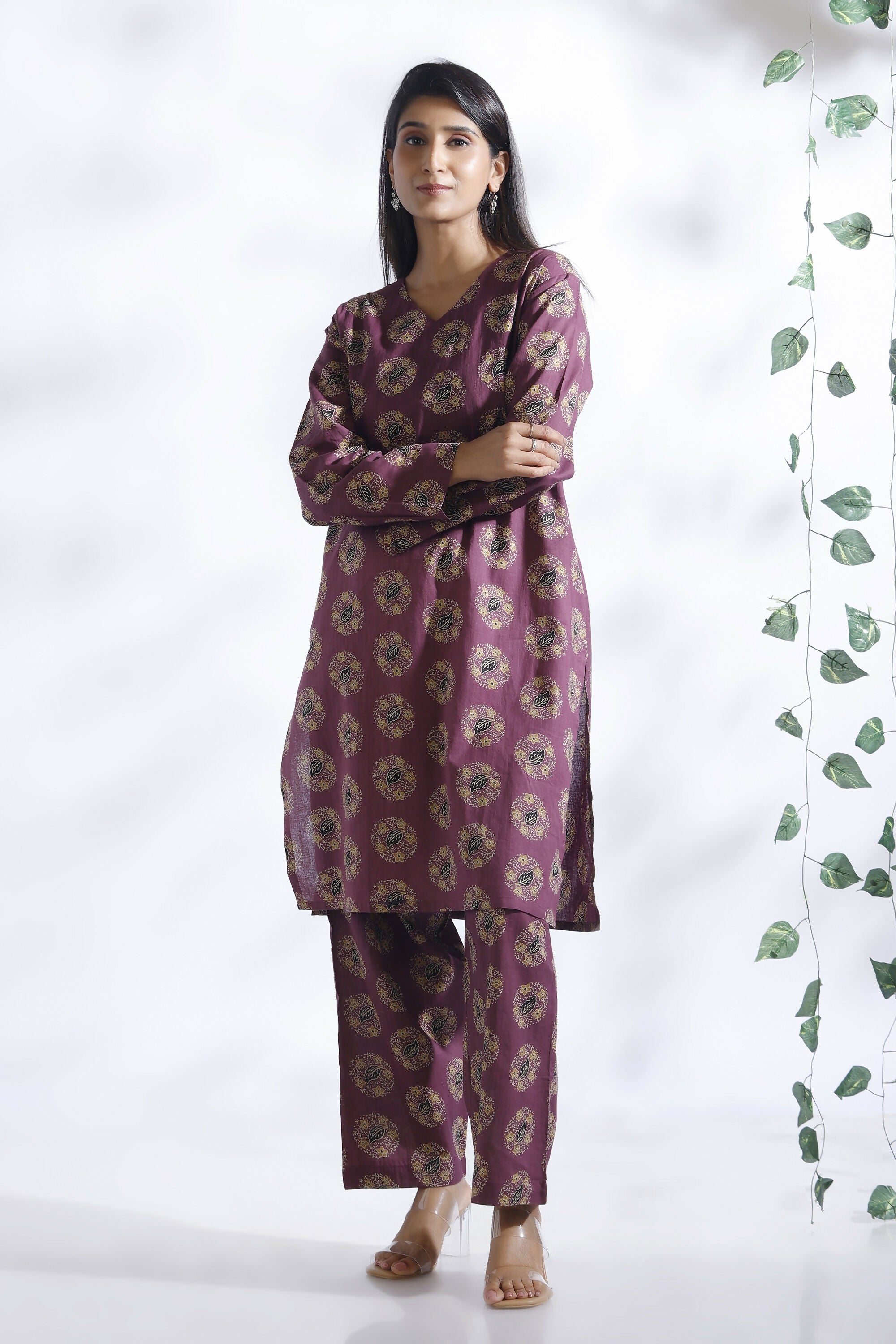 Breathables Wine Butta Print Cotton Kurta & Pants Set - Dista