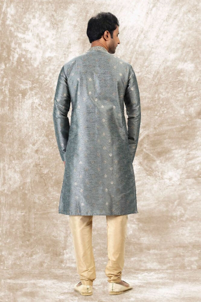 Raivat Ethnic Jacquard Silk Brocade Thread Work Kurta Pajama In Grey Colour - Distacart