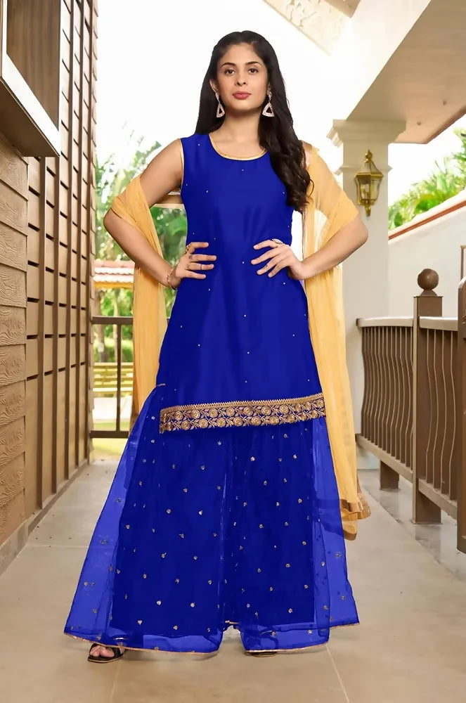 Nikhaar Royal Blue Embroidered Cotton Silk Straight Cut Readymade Pakistani Suit