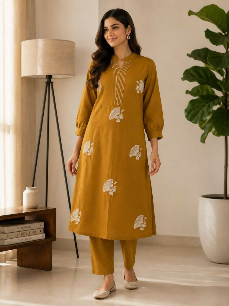 Teeya Creation Women Mustard Cotton Printed Kurta with Trousers Co-ord Set - Dista