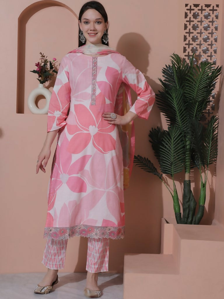 Jyoti Fashion Women's Pink Cotton Floral Digital Print & Floral Embroidered Cutwork Border Sequins Work Kurta with Trouser & Dupatta - Distacart