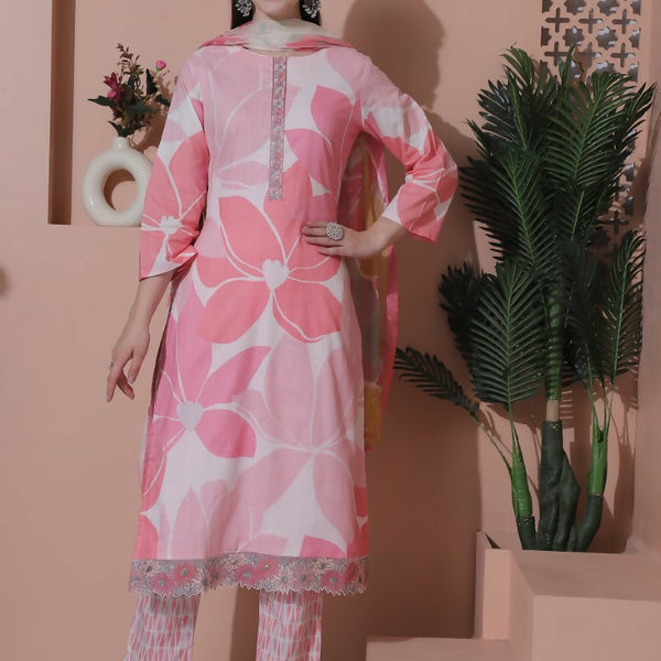Jyoti Fashion Women's Pink Cotton Floral Digital Print & Floral Embroidered Cutwork Border Sequins Work Kurta with Trouser & Dupatta - Distacart