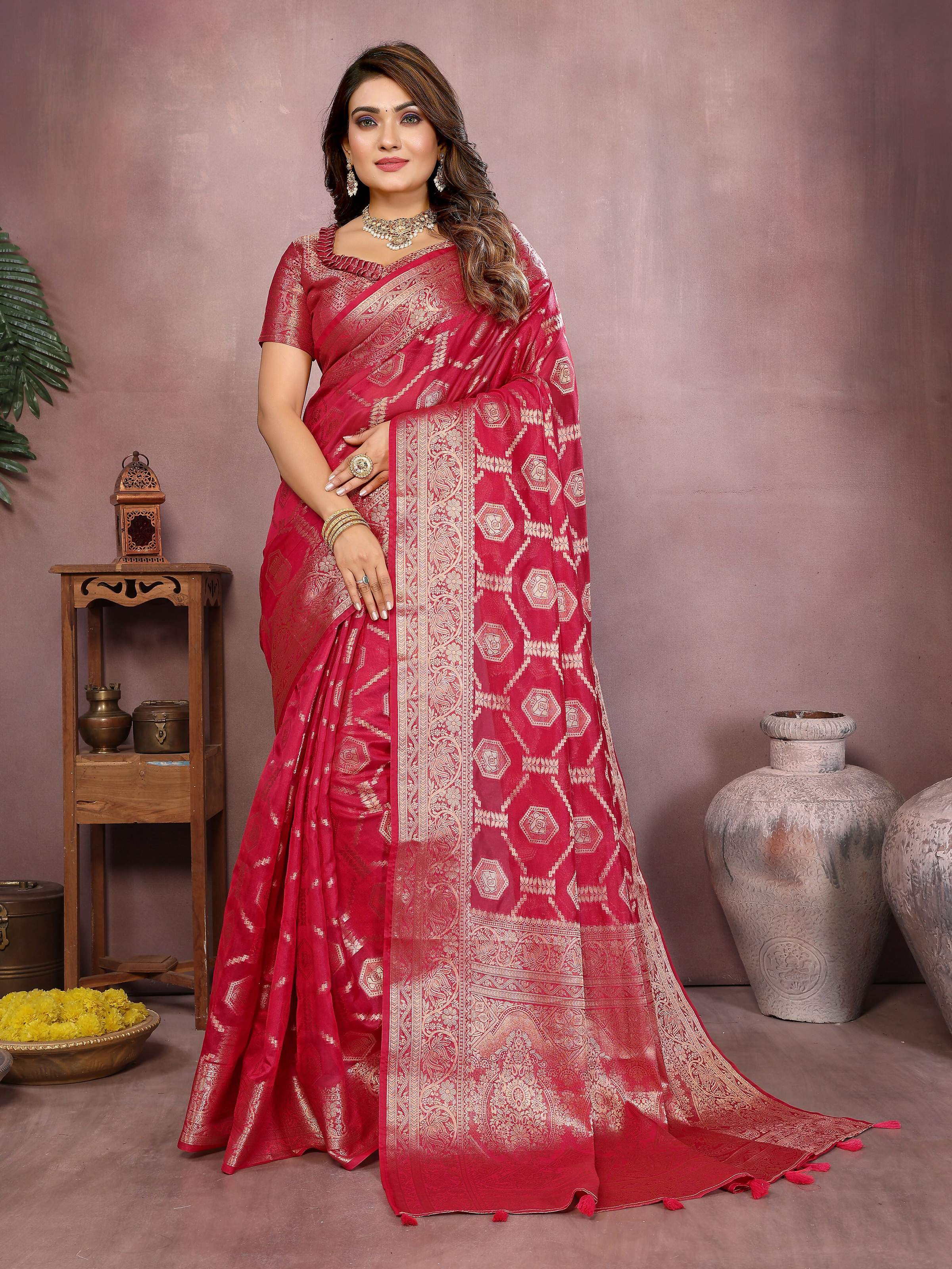Aastha Fashion Magenta Soft Organza Silk Weaving Saree - Distacart