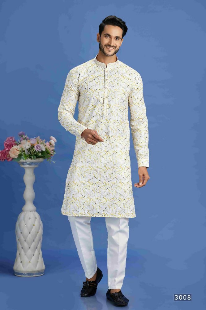 Raivat Ethnic Cotton Embroidery Kurta Pajama In Yellow Colour - Dista