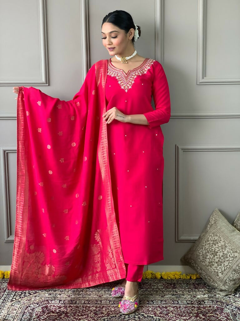Partywear Designer Viscos Chanderi Red Stitched Suit With Dupatta - Tanisha - Distacart