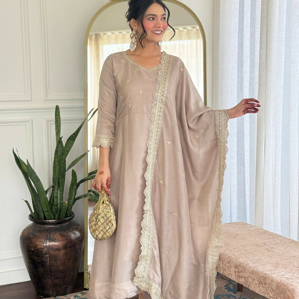 The52 CreamWomen's Gorgeous Vichitra Silk Fabric Embroidered Work Flared Anarkali Pant and Dupatta Set