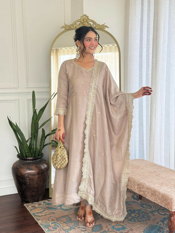 The52 CreamWomen's Gorgeous Vichitra Silk Fabric Embroidered Work Flared Anarkali Pant and Dupatta Set - Distacart