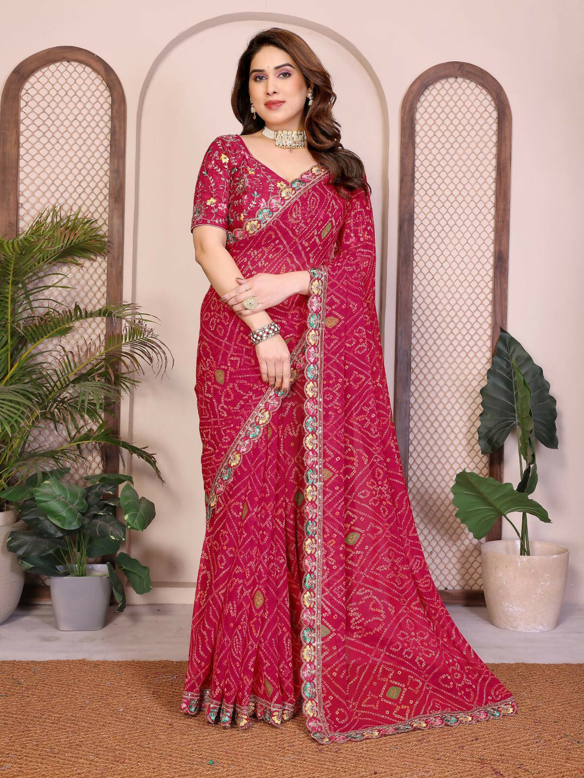 Teeya Creation Womens Trendy Simply Bandhej Georgette Saree-Red - Dista
