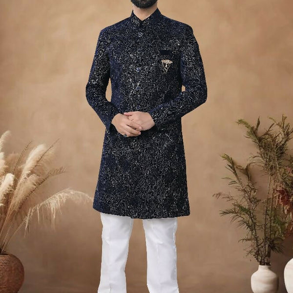 Joban Fashion Men's Blue Straight Velvet Thread & Sequence Embroidery All Over Indo-Western Kurta Set - Distacart