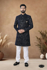 Thumbnail for Joban Fashion Men's Blue Straight Velvet Thread & Sequence Embroidery All Over Indo-Western Kurta Set - Distacart
