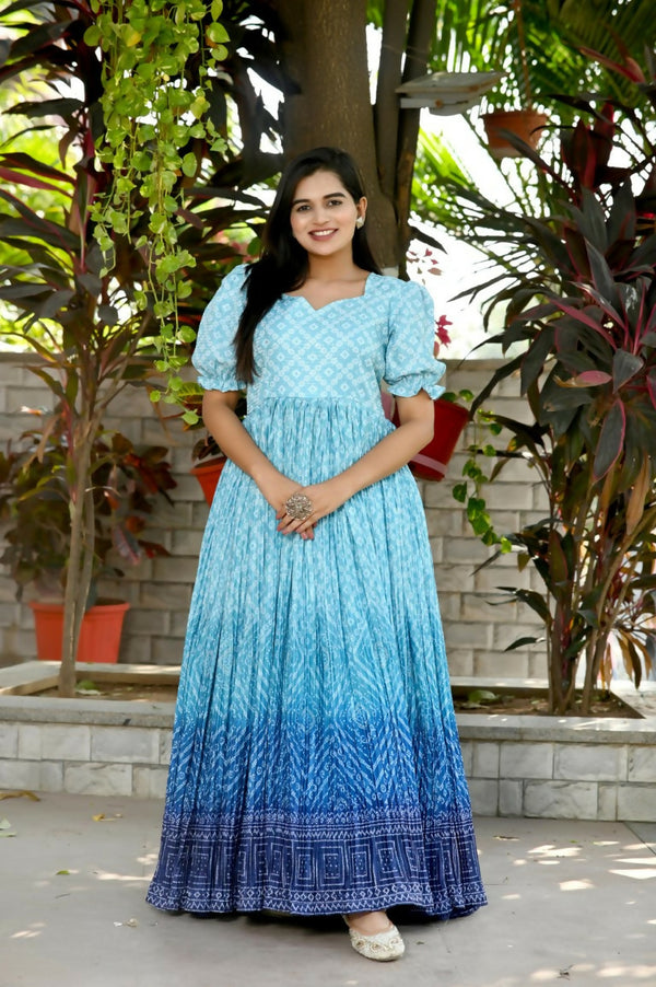 Jyoti Fashion Women's Sky Blue Bandhej Print with Crush Pleating Muslin Anarkali Dress - Distacart
