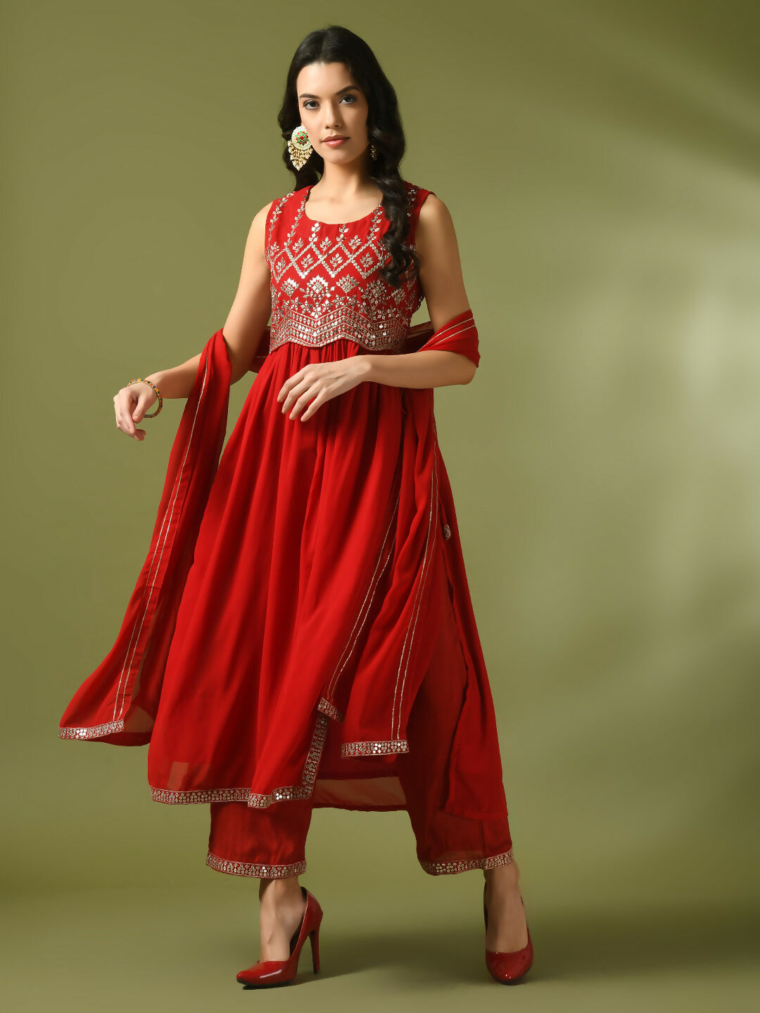 Myshka Women's Red Embroidered Georgette Anarkali Party Kurta Set With Dupatta - Distacart