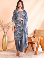 Thumbnail for Ode by House of Pataudi Printed Mirror Work Pure Cotton Kurta With Trousers & Dupatta - Distacart