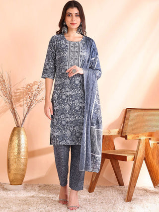 Ode by House of Pataudi Printed Mirror Work Pure Cotton Kurta With Trousers & Dupatta - Distacart
