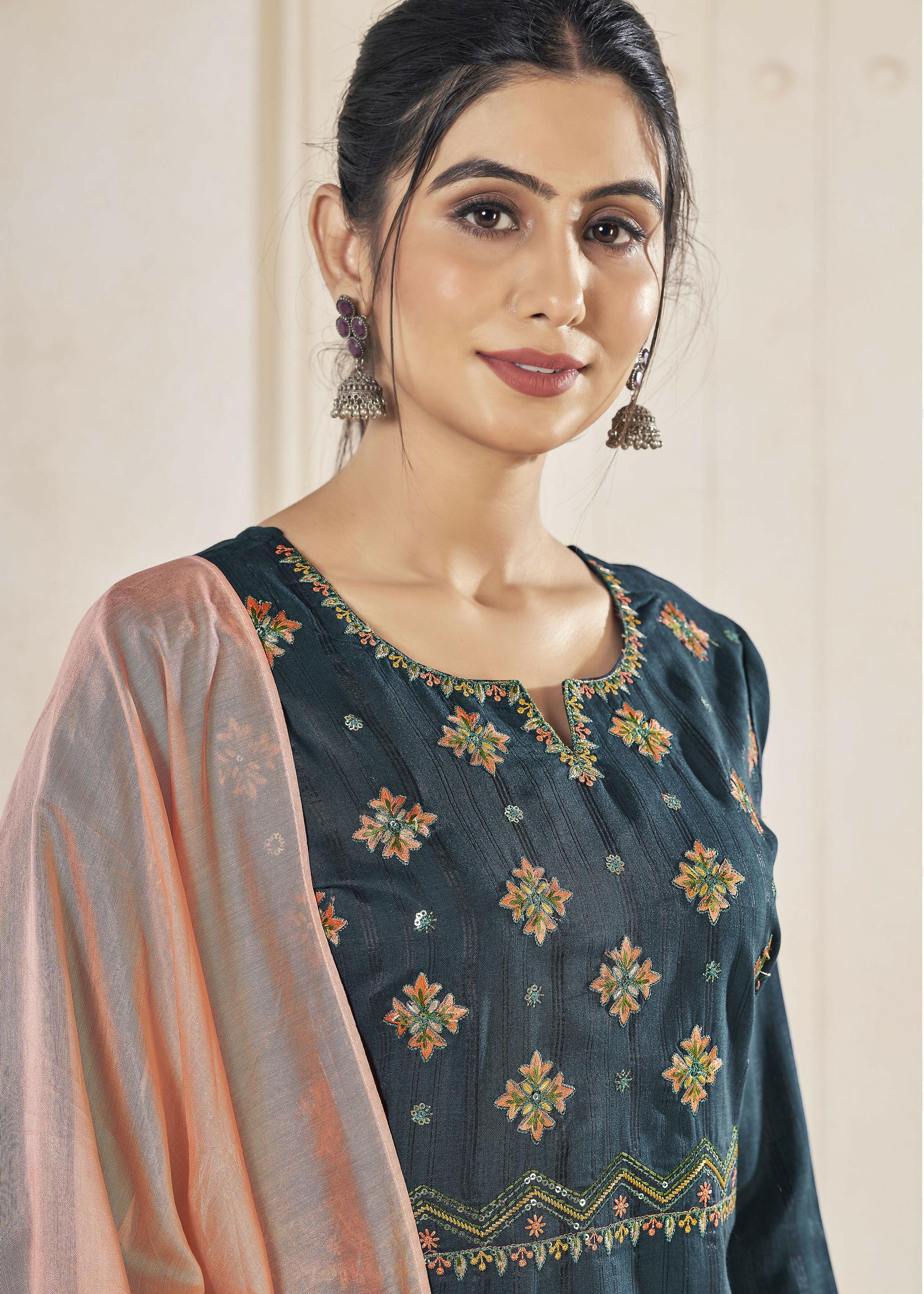 Jyoti Fashion Women's Morpich Pure Viscose Weaving Stripe with Embroidery Kurta Set - Distacart