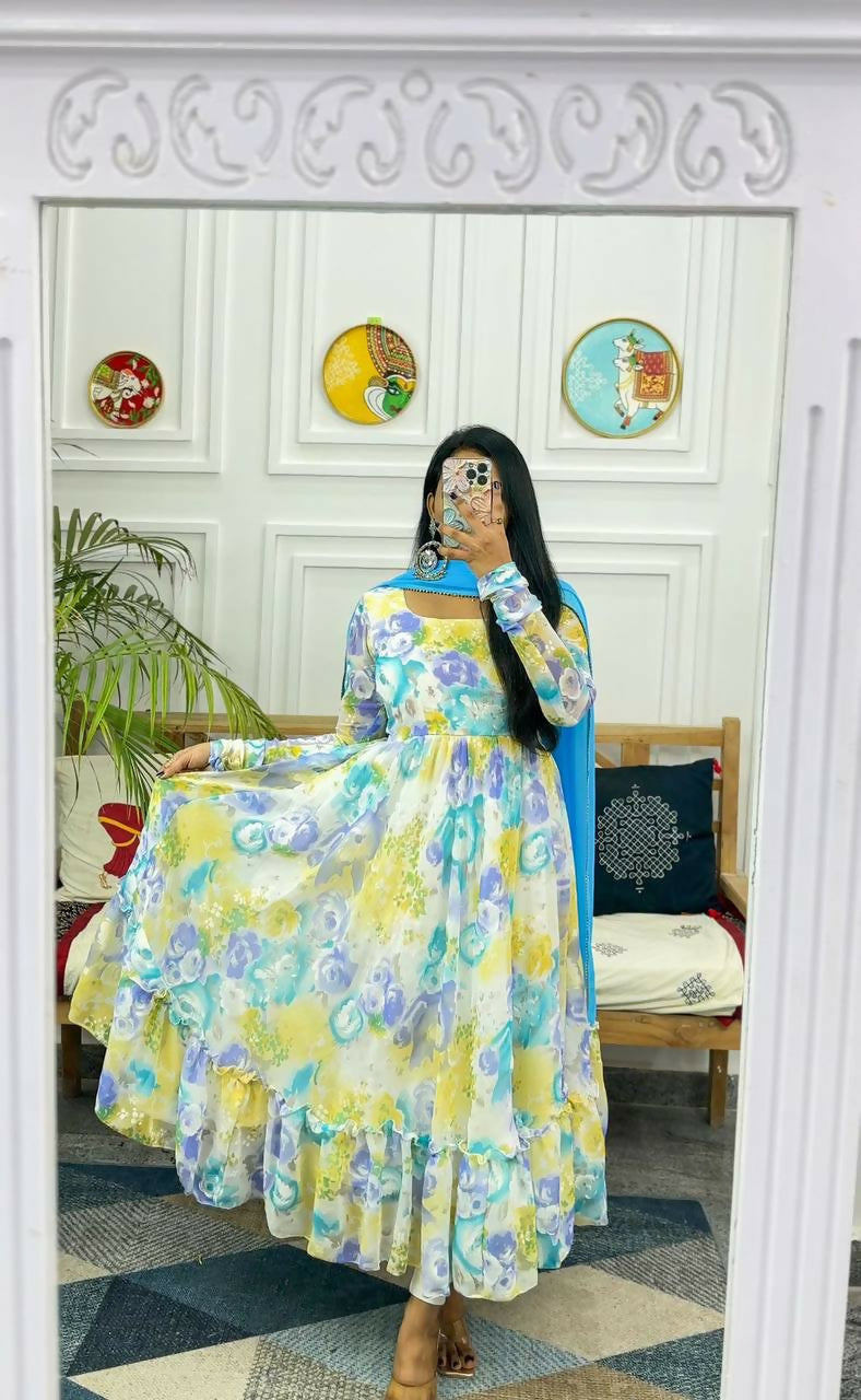 Preksha Creation Featuring Georgette Maxi Dress With Dupatta - Sky Blue - Distacart